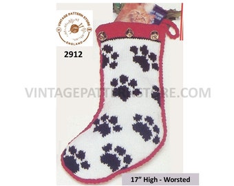 80s vintage paw prints intarsia Pets Dogs worsted Christmas stocking pdf knitting pattern 17" High Instant PDF Download 2912