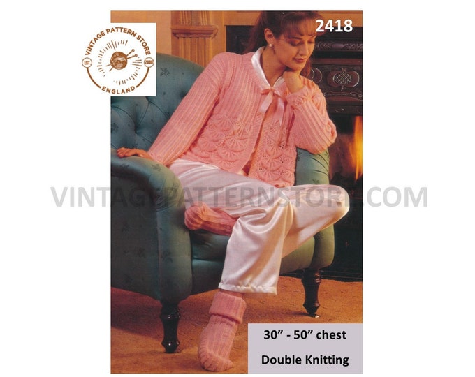 Ladies Womens 90s oversized plus size extra large lacy DK bedjacket & bed socks pdf knitting pattern 30" to 50" chest Instant download 2418