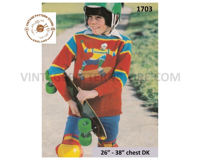 Boys Girls 80s vintage skateboard skateboarding skateboarder intarsia DK sweater jumper pdf knitting pattern 26" to 38" chest Download 1703