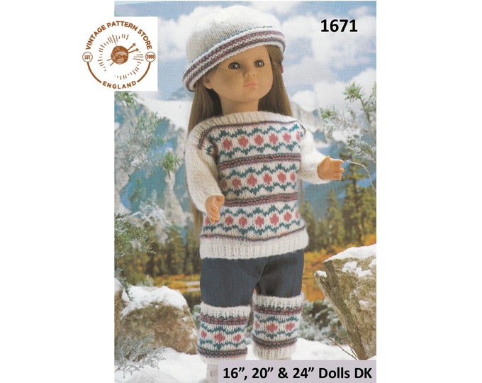 80s vintage 16" 20" 24" DK dolls clothes fair isle sweater jumper hat cap and leg warmers pdf knitting pattern Instant PDF download 1671