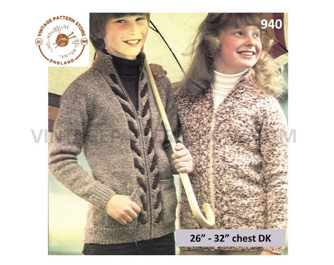 Boys Girls 80s vintage DK round neck cabled cable edge raglan jacket cardigan pdf knitting pattern 26" to 32" chest Instant Download 940