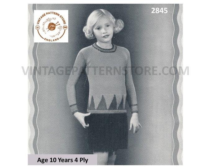 Girls 30s vintage 4 ply round neck colourwork intarsia hem raglan sweater jumper pdf knitting pattern Age 10 Years Instant PDF download 2845