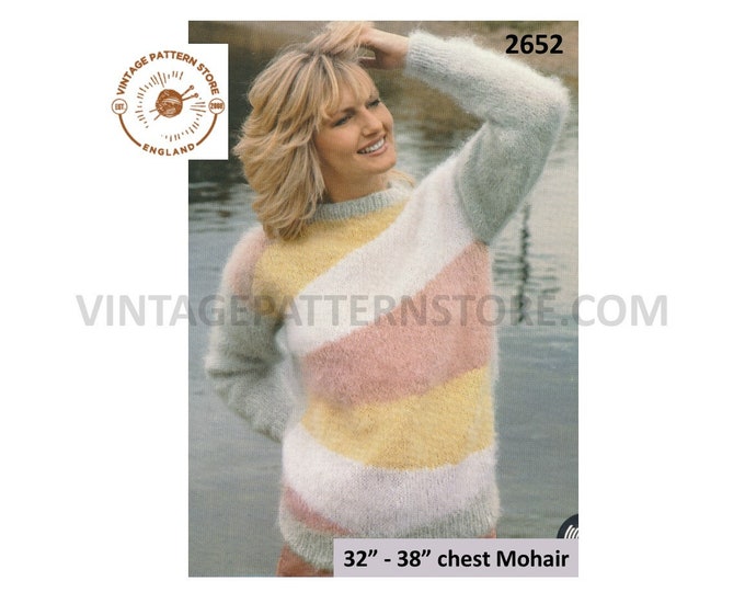 Ladies Womens 80s crew neck diagonal striped colour blocked raglan mohair sweater jumper pdf knitting pattern 32" to 38" Download 2652