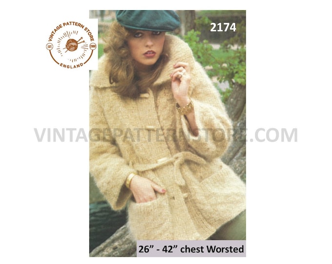 Ladies Womens 70s vintage 4 ply and worsted collared belted jacket pdf knitting pattern 26" to 42" chest Instant PDF download 2174