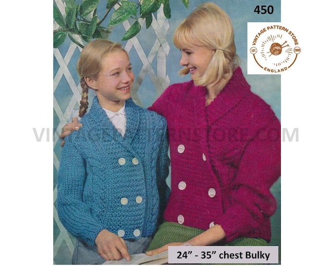Ladies Womens Girls 80s vintage chunky easy to knit shawl collar double breasted raglan jacket pdf knitting pattern 24" to 35" Download 450