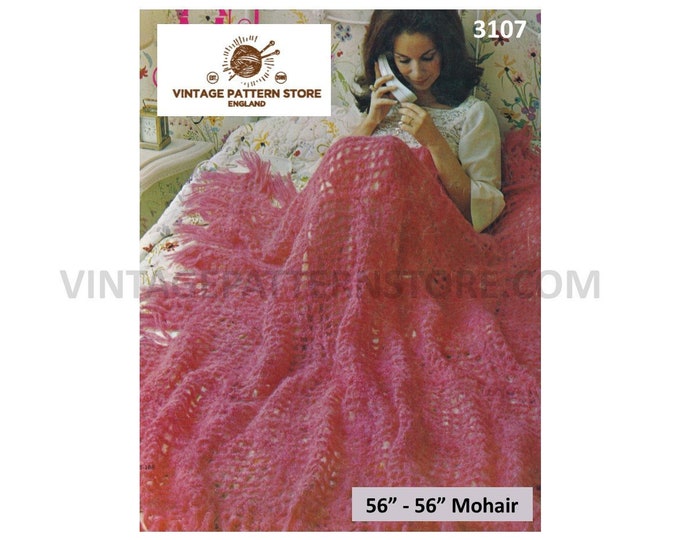 70s vintage lacy fringed square mohair afghan throw pdf crochet pattern 56" by 56" Instant PDF download 3107