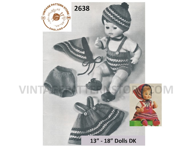 60s vintage 13" 14" 15" 16" 17" 18" DK Baby dolls clothes bonnet dress cap pilch shorts pdf knitting pattern Instant PDF download 2638