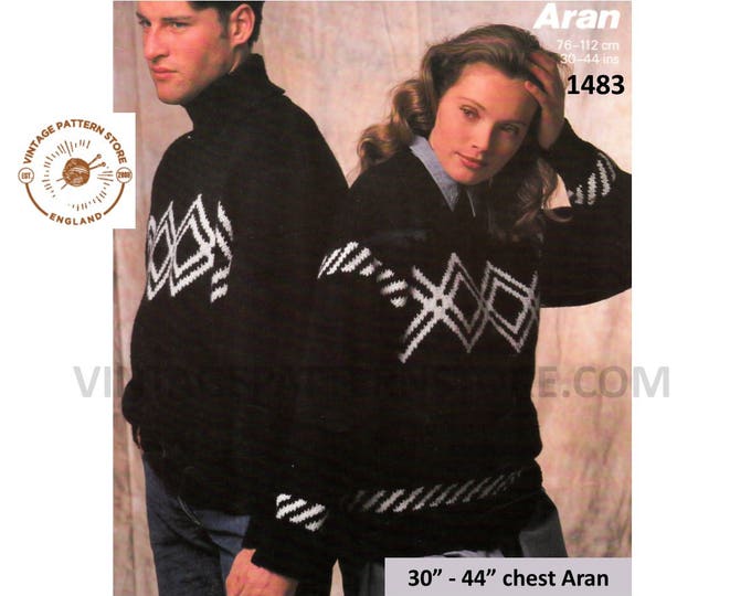 Womens Ladies Mens 90s polo neck or crew neck drop shoulder diamond dolman aran sweater jumper pdf knitting pattern 30" to 44" Download 1483