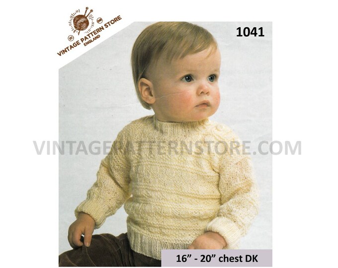 Baby Babies Toddlers 80s vintage DK crew neck rib ribbed button shoulder raglan sweater jumper pdf knitting pattern 16" to 20" Download 1041