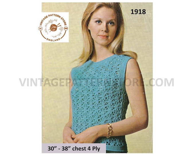 Ladies Womens 70s vintage 4 ply round neck lacy sleeveless slipover sweater vest pdf crochet pattern 30" to 38" chest PDF download 1918