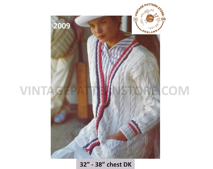Ladies Womens 90s V neck cable cabled drop shoulder DK raglan cricket cardigan pdf knitting pattern 32" to 38" chest Instant download 2009