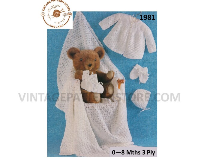 Newborn Babies Baby 90s 3 ply lacy layette pram set shawl matinee coat bonnet booties mittens pdf knitting pattern to 8 mths Download 1981