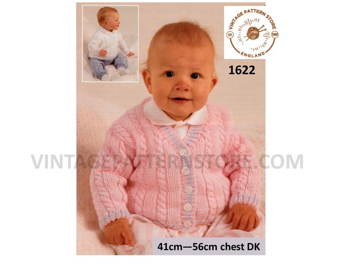 Baby Babies 90s DK V neck cable cabled drop shoudler raglan sweater jumper and cardigan pdf knitting pattern 41cm to 56cm Download 1622
