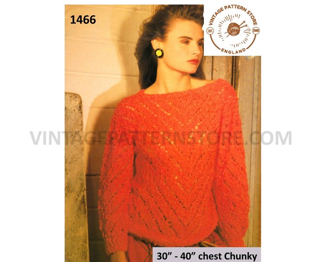 Ladies Womens 90s chunky knit boat neck eyelet lace lacy drop shoulder dolman sweater jumper pdf knitting pattern 30" to 40" Download 1466