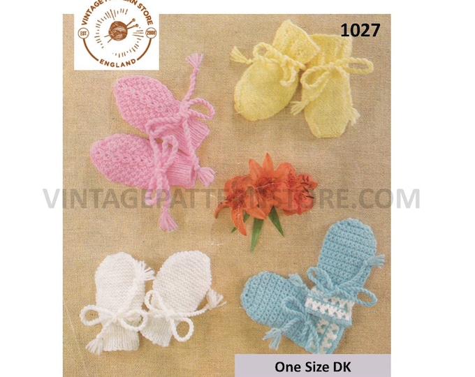 Newborn Baby Babies 70s vintage easy to knit DK mittens pdf knitting pattern 4 designs as shown Instant PDF download 1027