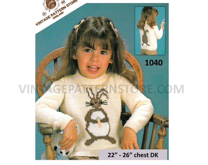 Girls Boys 80s vintage DK crew neck rabbit bunny intarsia motif raglan sweater jumper pdf knitting pattern 22" to 26" chest Download 1040