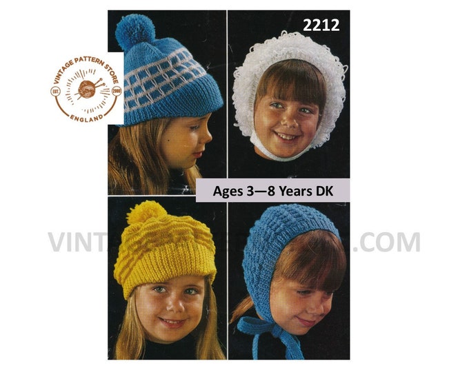 Girls Toddlers 70s vintage DK hat cap and loopy bonnet pdf knitting pattern 3 to 8 years Instant PDF download 2212