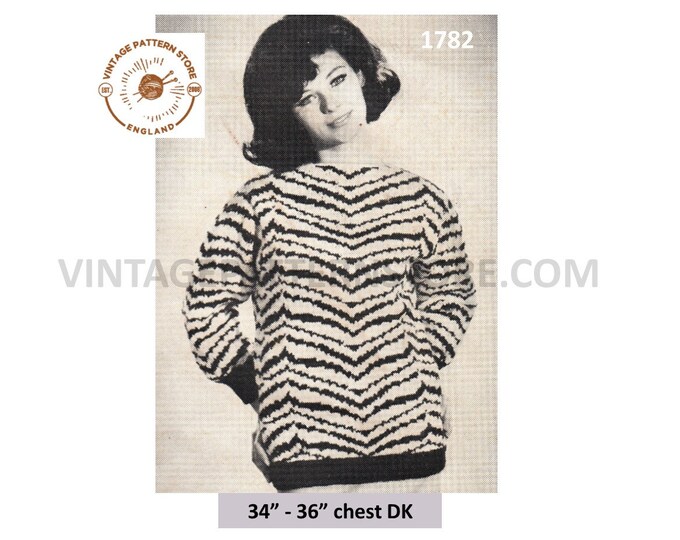 Ladies Womens 60s faux fur zebra print slash neck drop shoulder DK raglan sweater jumper pdf knitting pattern 34" to 36" PDF download 1782