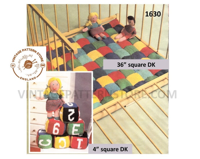 Baby Babies 80s vintage DK multi coloured check play mat rug blanket & 4" toy bricks pdf knitting pattern 36" by 36" Instant Download 1630