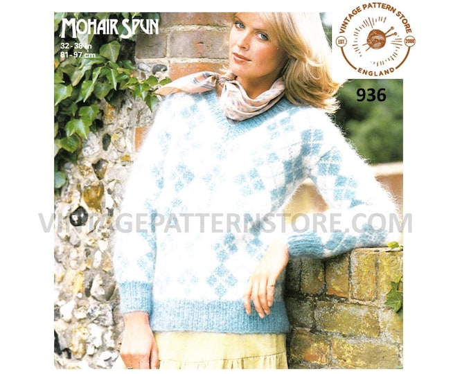 Ladies Womens 70s vintage Scottish Argyll fair isle V neck raglan mohair sweater jumper pdf knitting pattern 32" to 38" PDF download 936