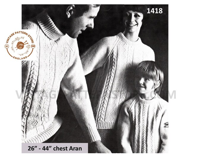 Family aran sweater patterns, Ladies Mens Boys Girls 70s crew or polo neck cable aran sweater pattern - 26" - 44" chest - PDF download 1418