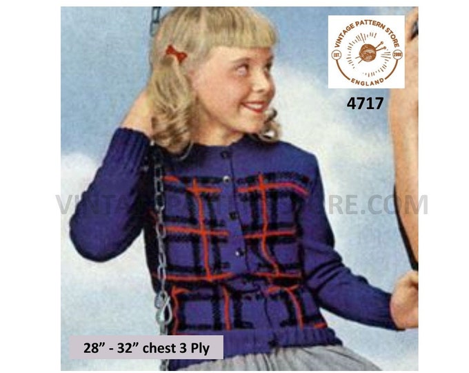 Girls 50s vintage 3 ply round neck Scottish Elliot tartan fair isle cardigan pdf knitting pattern 28" to 32" Download 4717