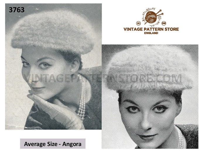 Ladies Womens 50s vintage French perruque angora hat cap beret pdf knitting pattern Average Adult Size Instant PDF download 3763