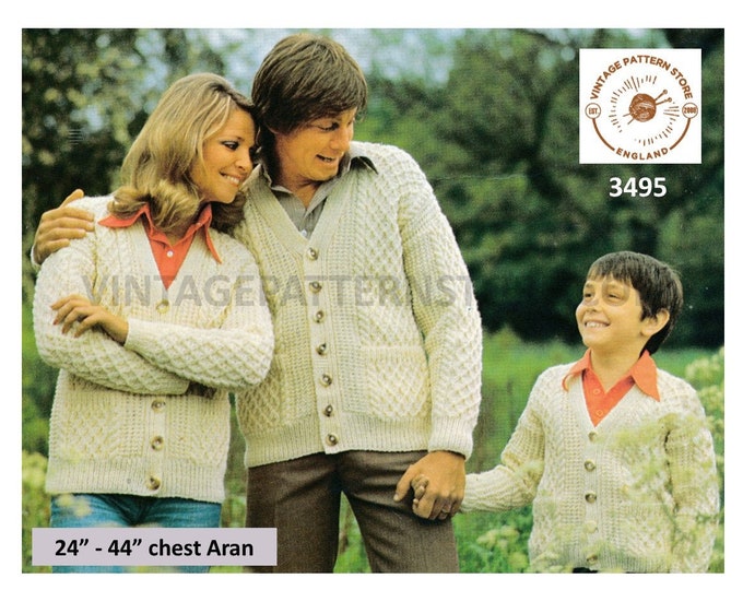 Womens Mens Boys Girls 90s family V neck cable cabled raglan aran cardigan pdf knitting pattern 24" to 44" Instant PDF download 3495