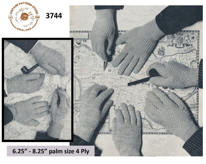 Mens Mans 50s vintage 4 ply gloves pdf knitting pattern with 5 designs to knit various sizes Instant PDF download 3744