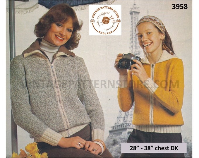 Ladies Womens Girls 70s vintage DK round neck collared zip up zipped jacket coat pdf knitting pattern 28" to 38" Instant PDF download 3958