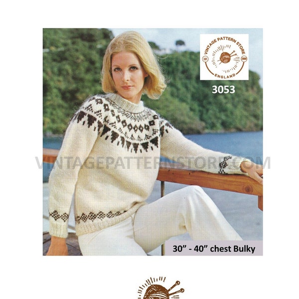 Ladies Womens 80s vintage bulky knit crew neck fair isle yoke yoked raglan sweater jumper pdf knitting pattern 30" to 40" PDF Download 3053