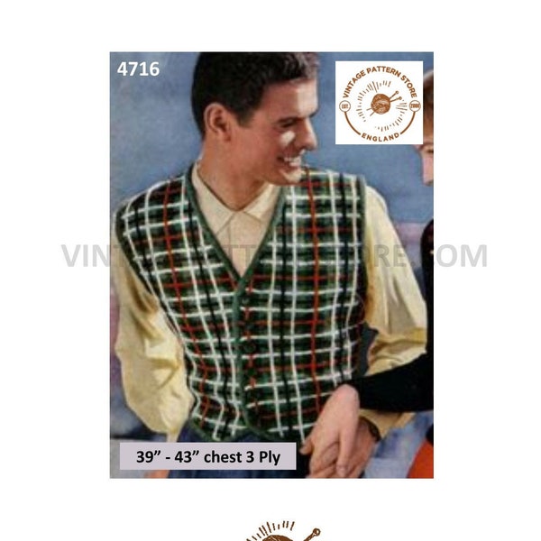 Mens Mans 50s vintage 3 ply V neck Scottish tartan sleeveless cardigan waistcoat pdf knitting pattern 39" to 43" Download 4716
