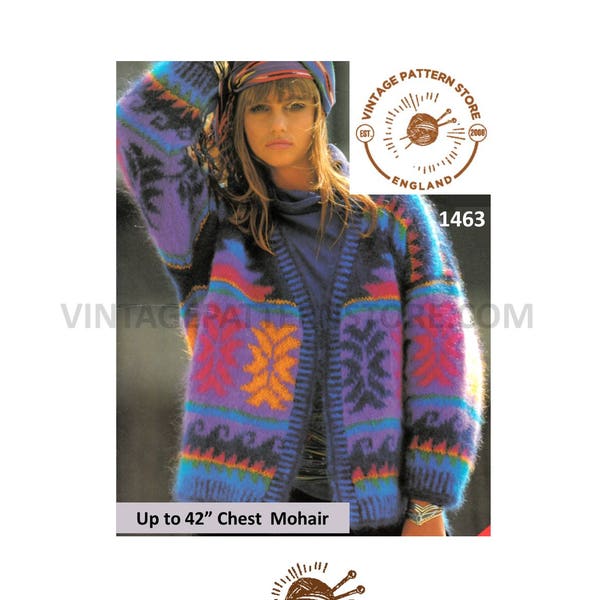 Ladies Womens 90s V neck open fronted drop shoulder bold Intarsia mohair or DK dolman jacket pdf knitting pattern up to 42" Download 1463