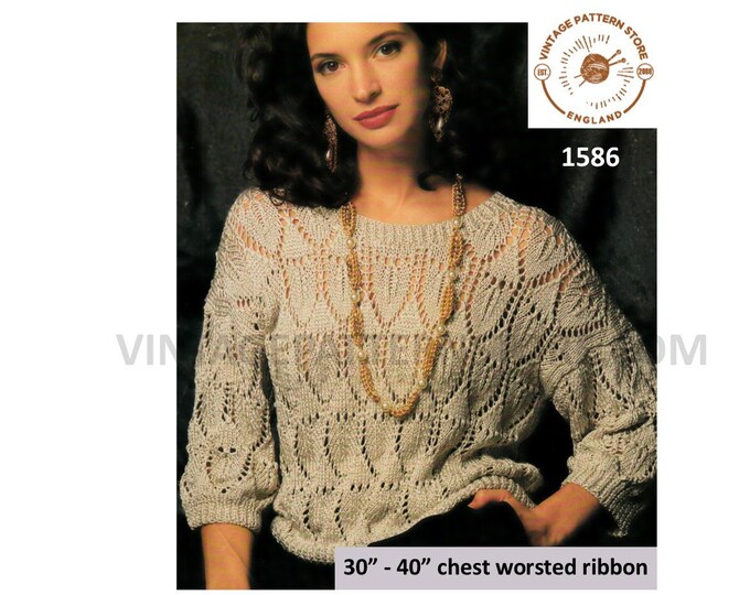 Ladies Womens 90s worsted ribbon lacy drop shoulder 3/4 sleeve dolman sweater jumper blouse pdf knitting pattern 30" to 40" Download 1586