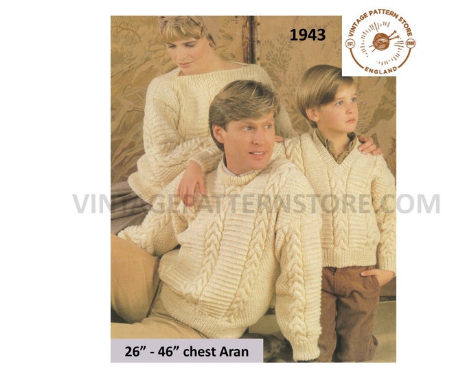 Womens Ladies Mens Boys Girls family crew V slash neck cable drop shoulder dolman aran jumper pdf knitting pattern 26" to 46" Download 1943