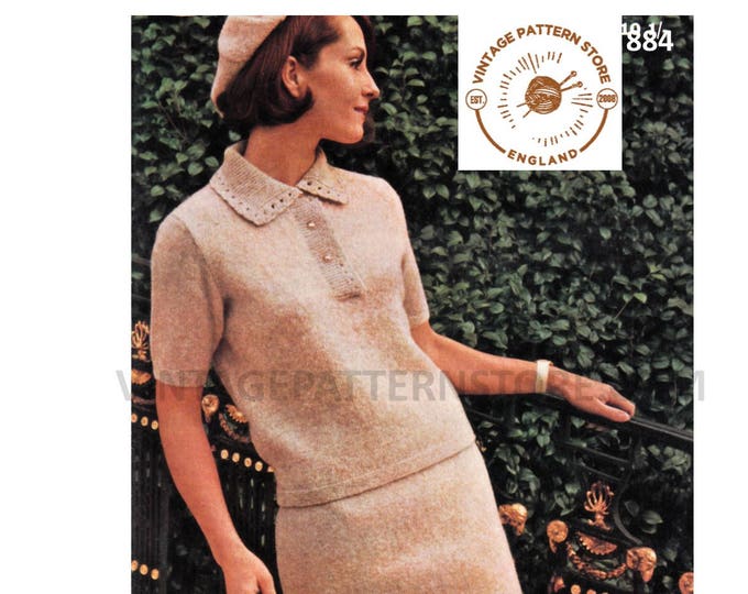 Ladies Womens 60s vintage 4 ply shirt neck short sleeve raglan sweater jumper & skirt pdf knitting pattern 34" to 40" bust PDF download 884