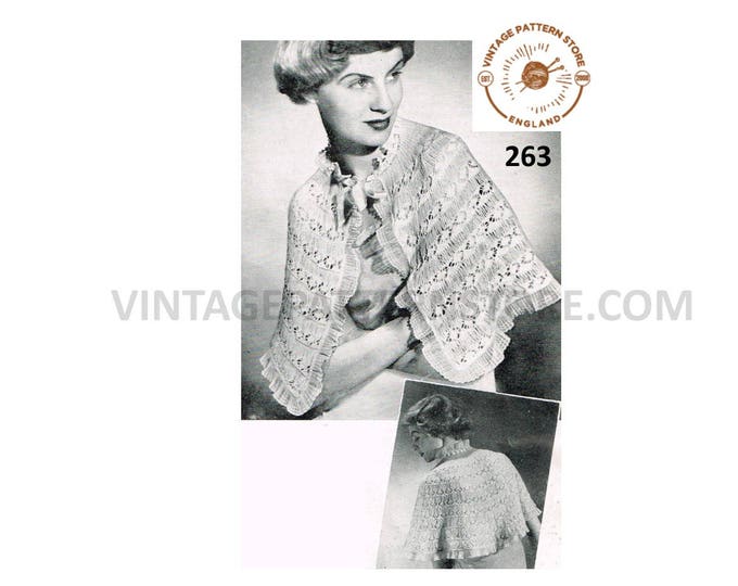 Ladies Womens 30s vintage string lace ribbon tied 2 ply lacy bed cape jacket pdf knitting pattern One size adult Instant PDF Download 263