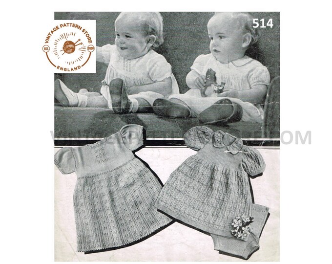 Baby Babies 30s vintage 3 ply lacy lace cable cabled short sleeve Summer dress pdf knitting pattern 19" to 20" chest Instant download 514