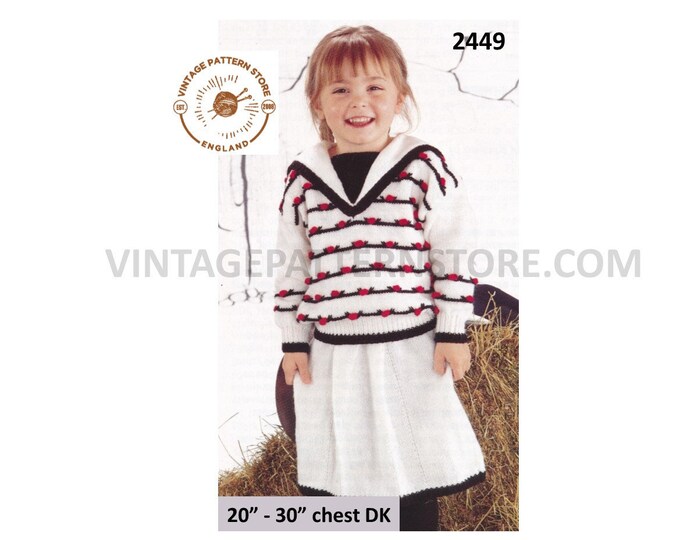 Girls 90s shawl collar drop shoulder striped dolman DK sailors sweater jumper and skirt pdf knitting pattern 20" to 30" chest download 2449