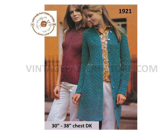 Ladies Womens 70s vintage DK long line lacy raglan jacket coat & sleeveless cardigan waistcoat pdf crochet pattern 30" to 38" Download 1921