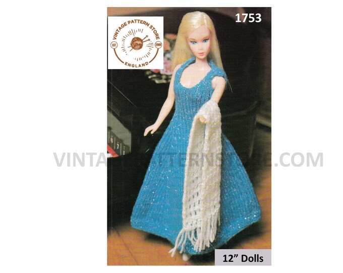 80s vintage 12" fashion dolls Barbie clothes scoop neck sleeveless evening dress and shawl pdf knitting pattern Instant PDF download 1753
