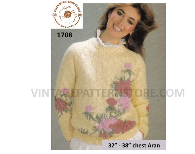 Ladies Womens 80s vintage crew neck floral intarsia raglan aran sweater jumper pdf knitting pattern 32" to 38" chest PDF download 1708