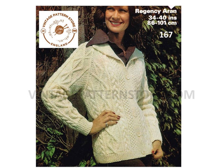 Ladies Womens 80s Vintage V neck cable cabled collared raglan aran cardigan jacket coat pdf knitting pattern 34" to 40" chest Download 167