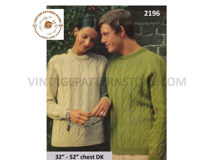 Womens Mens 80s DK round neck wide rib ribbed oversized plus size extra large raglan sweater pdf knitting pattern 32" to 52" Download 2196