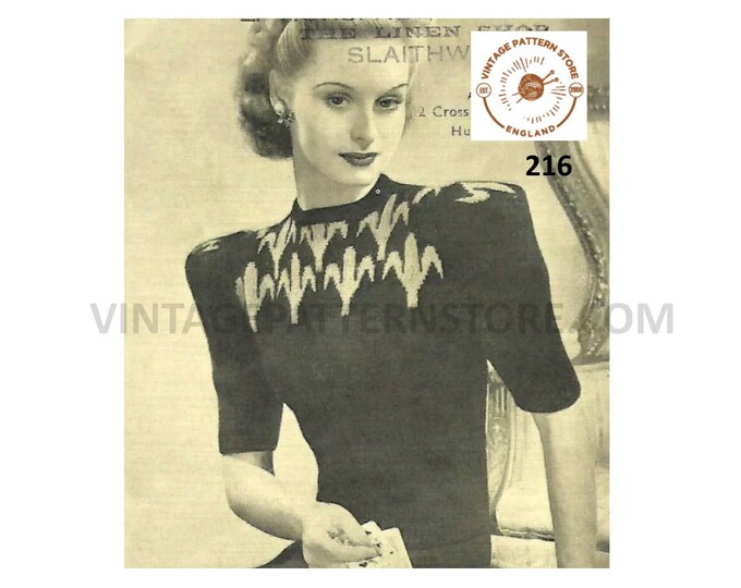 Ladies Womens 40s vintage boxy fleur de lys fair isle yoke short sleeve raglan sweater jumper pdf knitting pattern 33" to 36" Download 216
