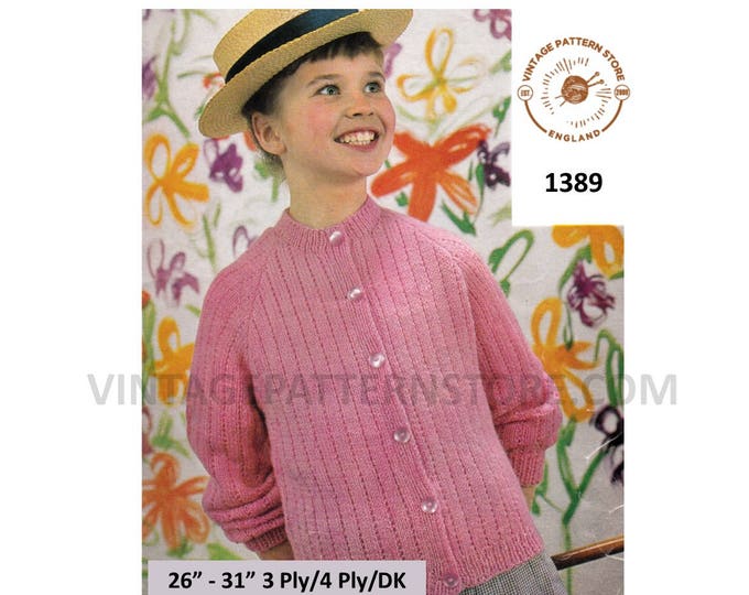 Girls 60s vintage 3 ply 4 ply or DK easy to knit round neck rib ribbed raglan cardigan pdf knitting pattern 26" to 31" chest Download 1389