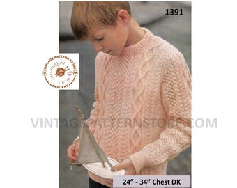 Boys 60s Vintage Cable Sweater Aran Knitting Pattern, (PDF Pattern) 24"-34" Chest