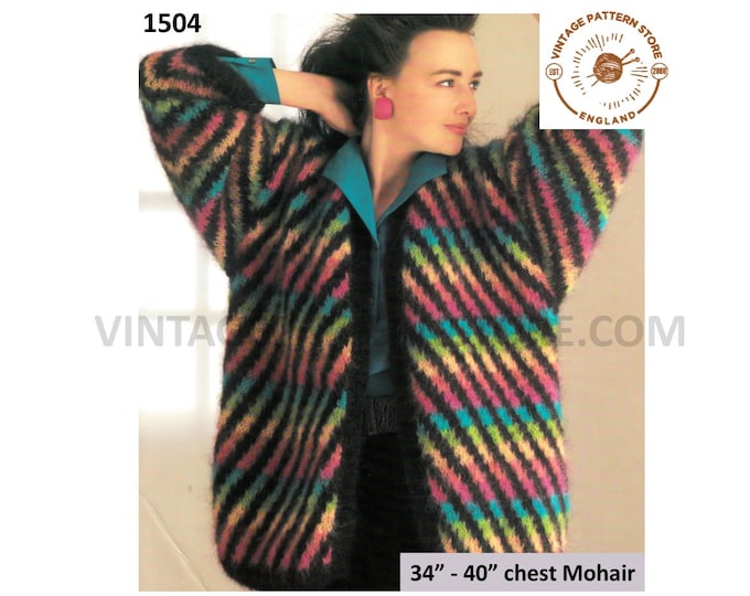 Ladies Womens 90s drop shoulder diagonal rainbow striped dolman mohair jacket pdf knitting pattern 34" to 40" chest instant Download 1504