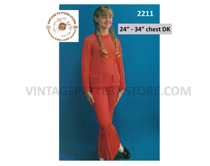 Girls 70s vintage DK round neck rib ribbed sweater jumper and flares flared trouser suit pdf knitting pattern 24" to 34" PDF Download 2211
