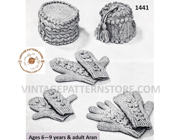 Ladies Mens Boys Girls 50s Family cable aran hat gloves mittens pdf knitting pattern ages 6 to 9 years & adult Instant PDF download 1441